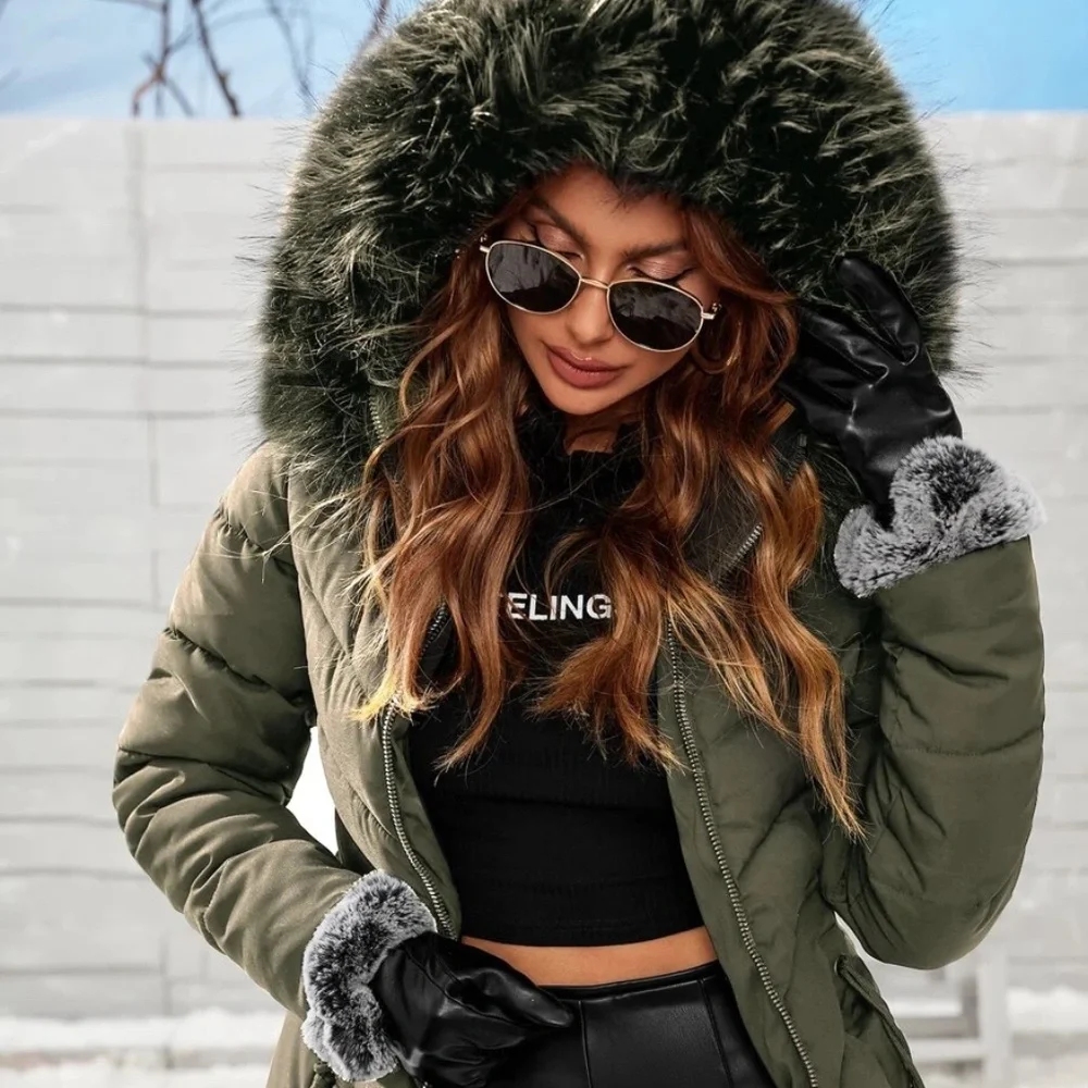 Cozy Zipper Vegan Fur Hooded Puffer Jacket Coat - Picture 8 of 15